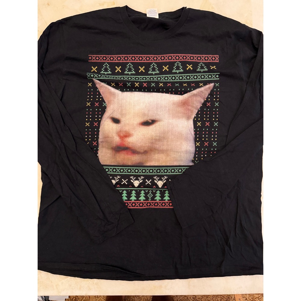 Port & Company Smudge the Cat Meme Christmas Long Sleeve T-Shirt Black XL